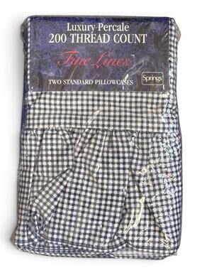 Vtg Springs Blue & White Gingham Check Pillowcases Ruffle Hem Standard Pair NEW